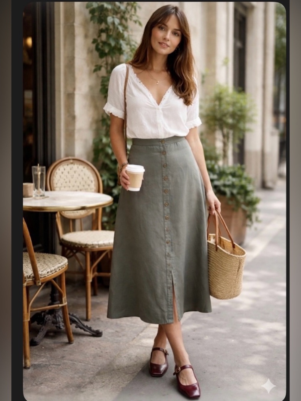 Chaser Sage Green Linen Blend Button Front A-Line Midi Skirt M NWT